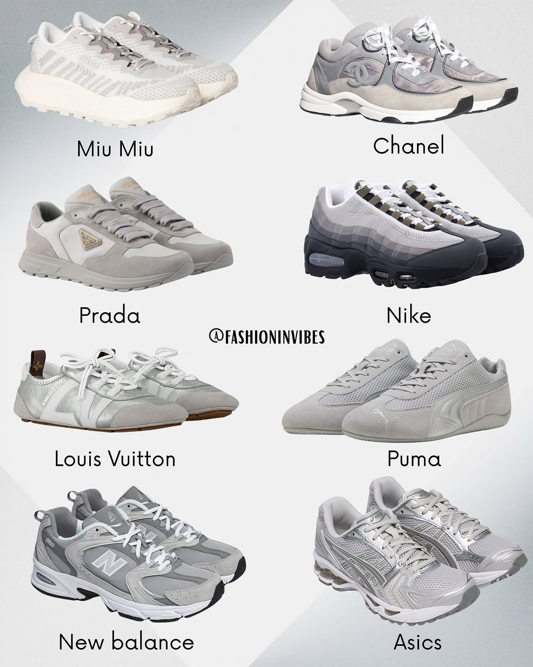 Photo by Fashion Selection 🦄💕 on March 10, 2026. May be an image of sneakers and text that says 'MiuMiu Miu Miu Chanel Prada Nike @FASHIONINVIBES Louis Vuitton Puma Newbalance New balance Asics'.