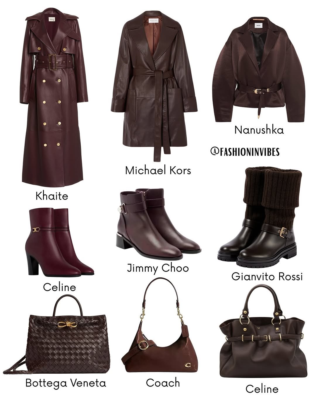Photo by Fashion Selection 🦄💕 on September 20, 2025. May be an image of overcoat, duffle coat, leather, fur coat, parka, boots, purse and text that says 'Nanushka Michael Kors @FASHIONINVIBES Khaite 5 Celine Jimmy JimmyChoo Choo Gianvito Rossi ご番し C Bottega BottegaVeneta Veneta Coach Celine'.