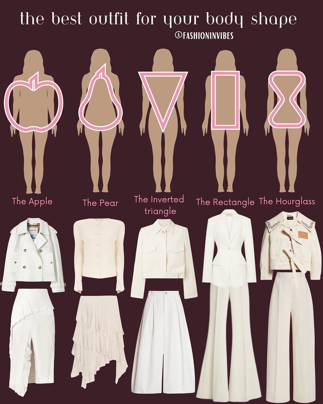 Photo by Fashion Selection 🦄💕 on March 22, 2026. May be a doodle of poster, clothes hanger and text that says 'the best outfit for your body shape @FASHIONINVIBES ΤΩΜΟΔ 8 The Apple The ThePear Pear The Inverted The Rectangle The TheRectangleTheHourglas Hourglass triangle န'.