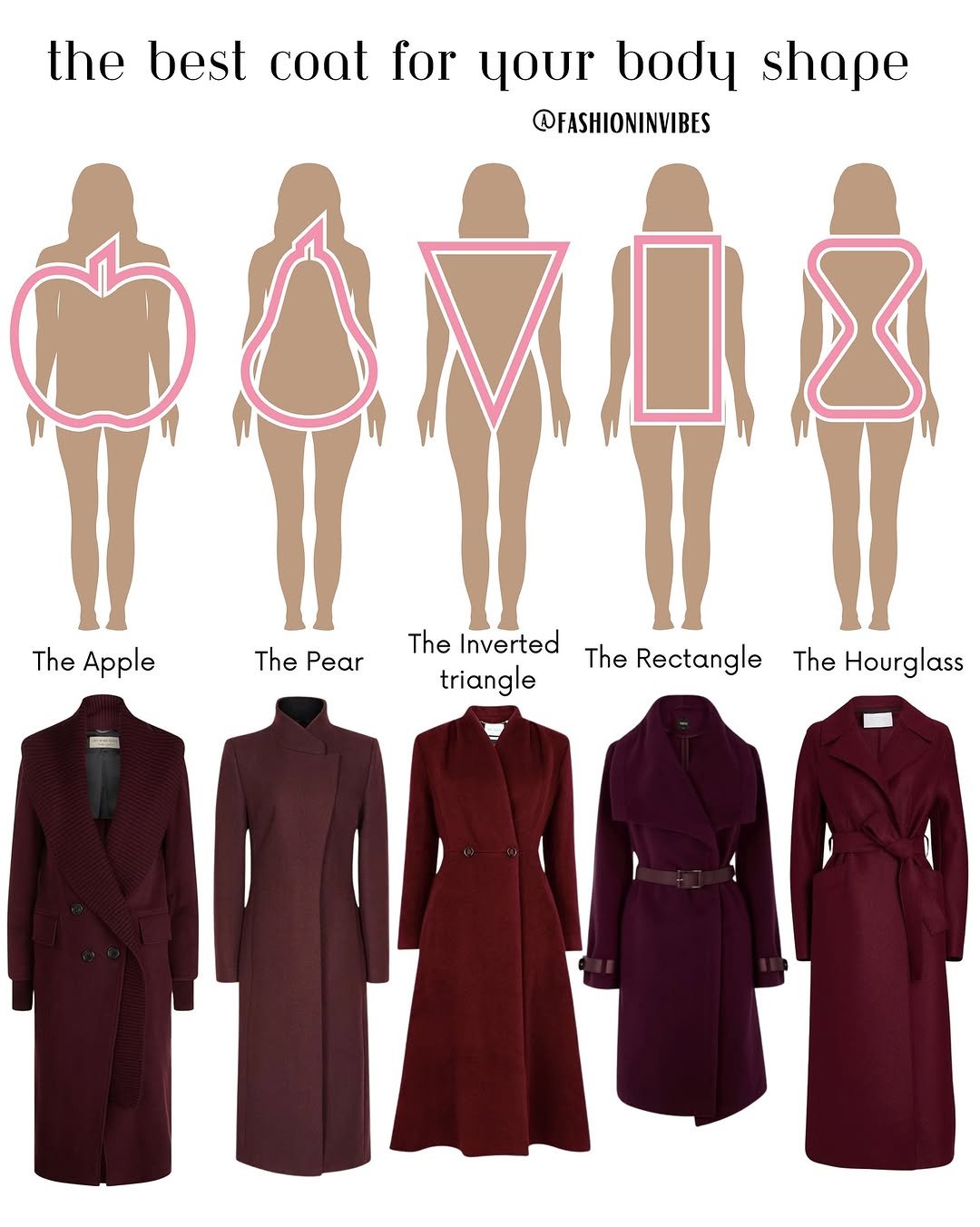 Photo by Fashion Selection 🦄💕 on October 28, 2025. May be an image of overcoat, robe, bath robe, dress and text that says 'the best coat for your body shape @FASHIONINVIBES The TheApple Apple The ThePear Pear The Inverted The Rectangle triangle The Hourglass'.