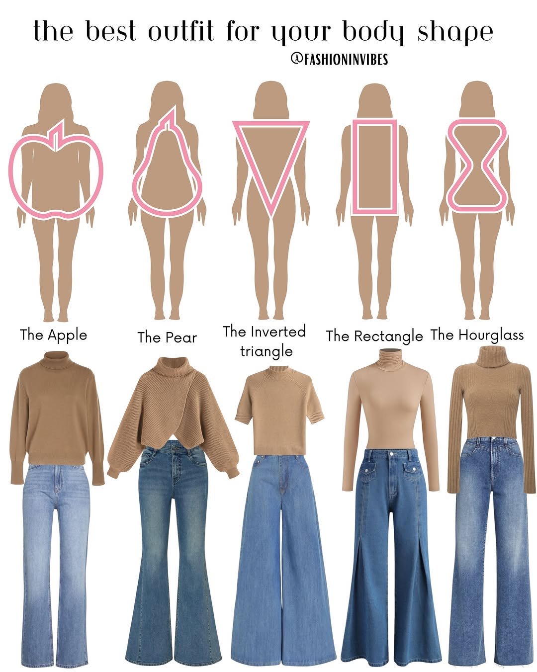 Photo by Fashion Selection 🦄💕 on February 10, 2026. May be a graphic of turtleneck, clothes hanger and text that says 'the best outfit for your body shape @FASHIONINVIBES The Apple The Pear The Inverted triangle The Rectangle The Hourglass'.