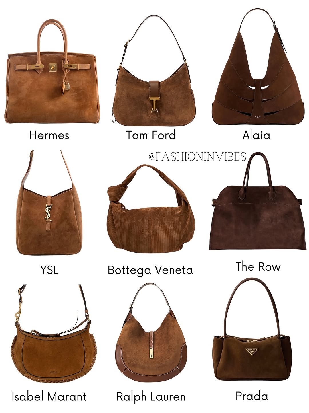 Photo by Fashion Selection 🦄💕 on September 10, 2025. May be an image of saddle-stitched leather, leather, briefcase, purse and text that says 'F3 T ١-۱ Hermes Tom TomFord Ford @FASHIONINVIBES α YSL Bottega BottegaVeneta Veneta The Row Isabel Marant Ralph RalphLauren Lauren Prada'.