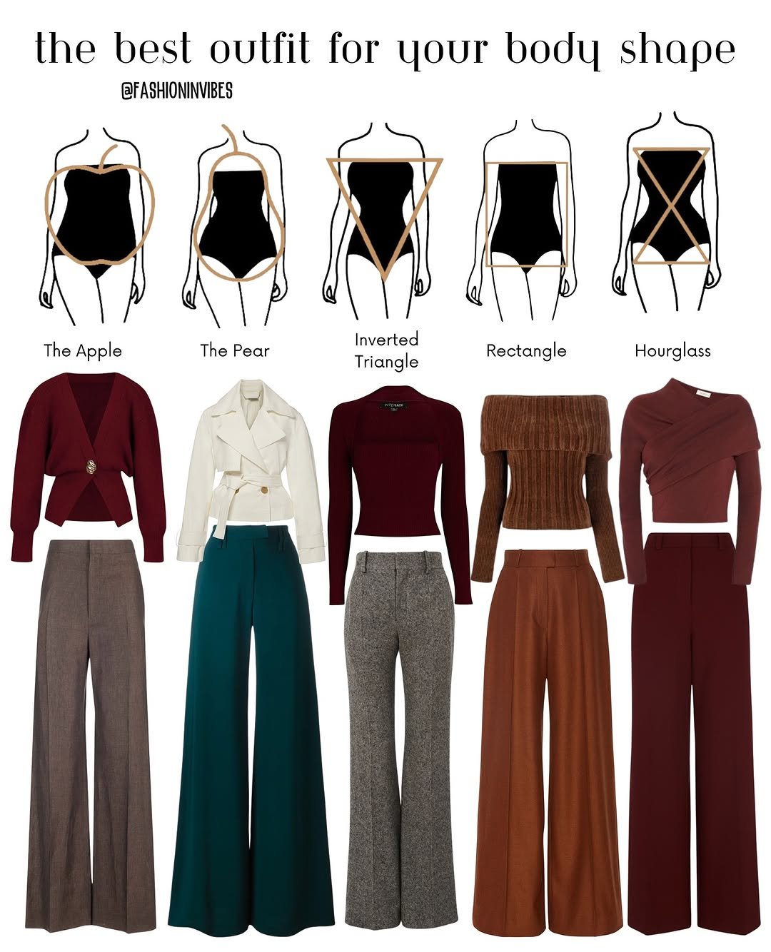 Photo by Fashion Selection 🦄💕 on September 18, 2025. May be a graphic of sweatpants, turtleneck and text that says 'the best outfit for @FASHIONINVIBES yoUI body shape The Apple The ThePear Pear Inverted Triangle Rectangle Hourglass H'.