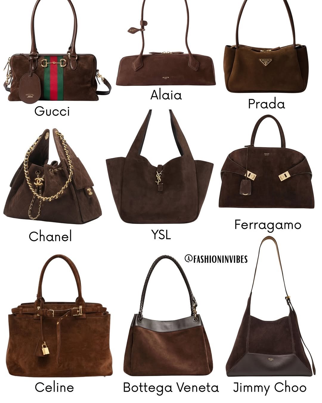 Photo by Fashion Selection 🦄💕 on February 26, 2026. May be an image of ‎leather, briefcase, purse and ‎text that says '‎Gucci Alaia Prada د Chanel YSL Ferragamo @FASHIONINVIBES Celine Bottega BottegaVenetaJimmyChoo Jimmy Choo Veneta‎'‎‎.
