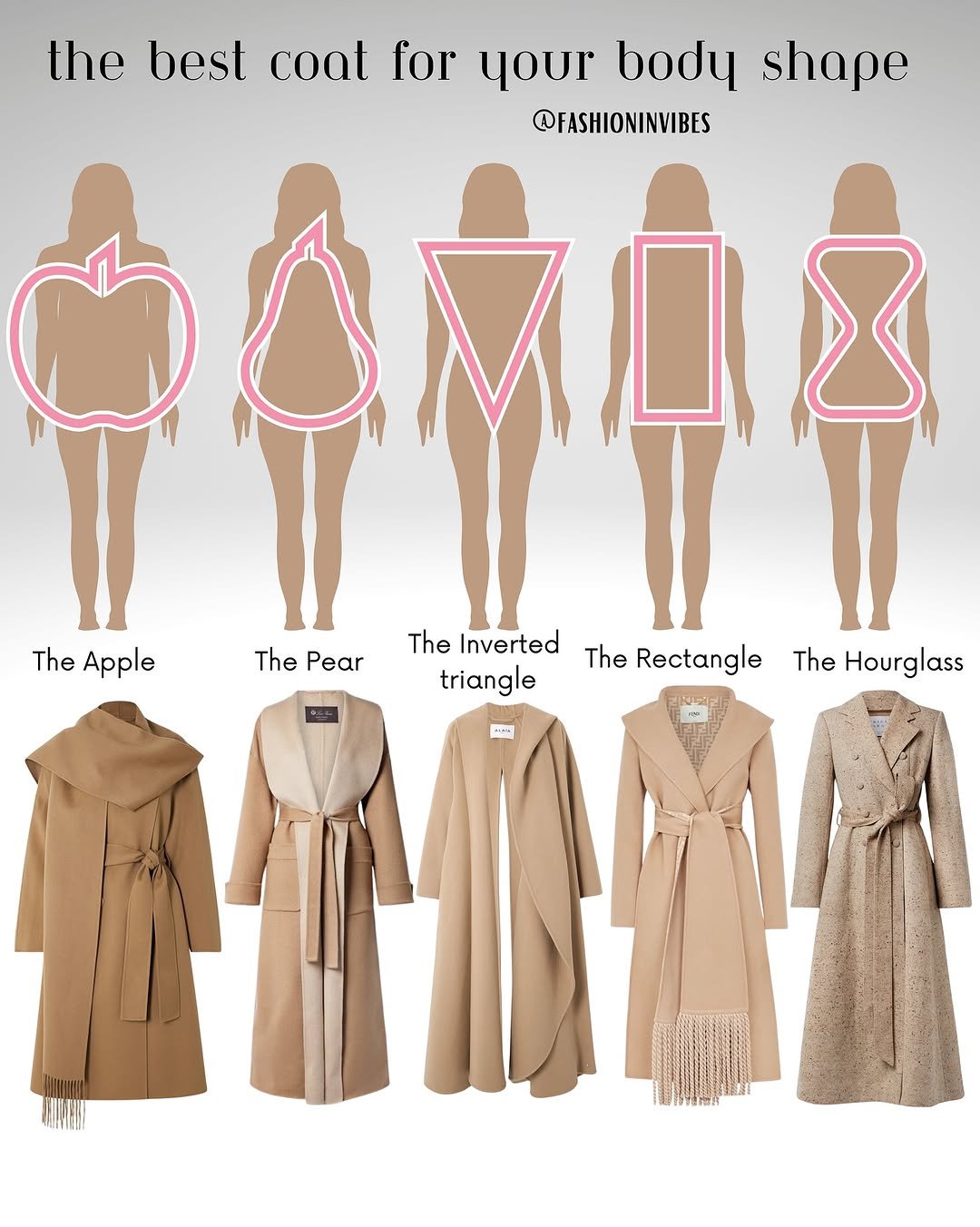 Photo by Fashion Selection 🦄💕 on November 02, 2025. May be an image of overcoat, fur coat, dress, parka, robe, jacket and text that says 'the best coal for your body shape @FASHIONINVIBES 8 The Apple ThePear The Pear The Inverted triangle The Rectangle The Hourglass --'.