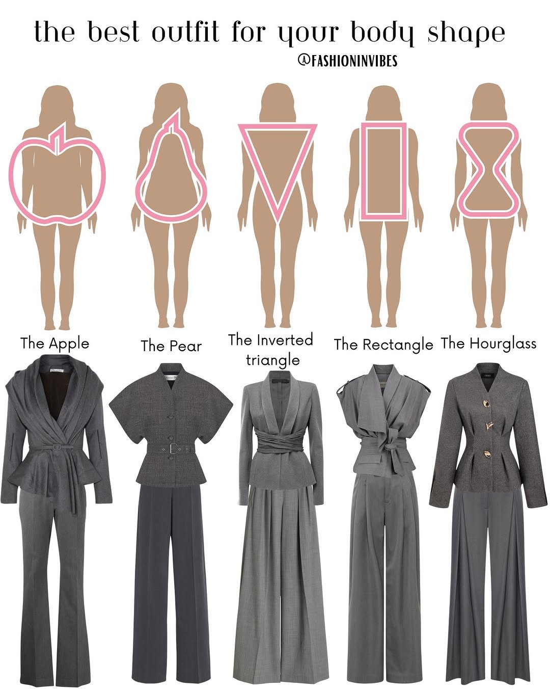 Photo by Fashion Selection 🦄💕 on March 29, 2026. May be a graphic of suit, dress, jumpsuit and text that says 'the best outfit for your body shape @FASHIONINVIBES The Apple The Pear The Inverted triangle The Rectangle The Hourglass'.
