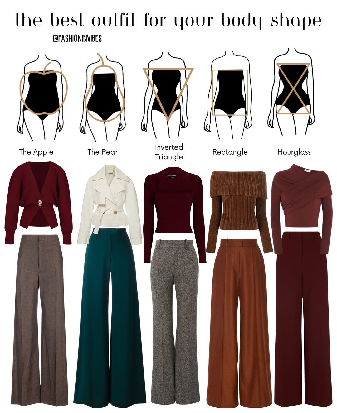 Photo by Fashion Selection 🦄💕 on February 05, 2026. May be a graphic of ‎turtleneck, sweatpants and ‎text that says '‎the best outfit for your body shape @FASHIONINVIBES The TheApple Apple The Pear Inverted Triangle Rectangle Hourglass بس‎'‎‎.