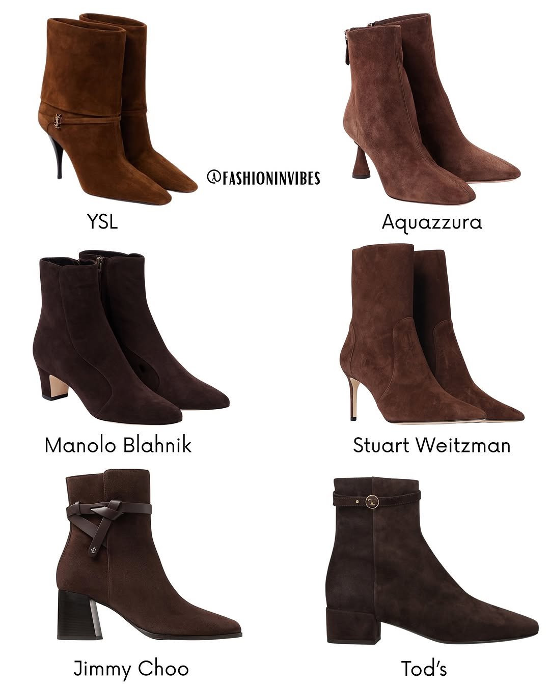 Photo by Fashion Selection 🦄💕 on October 30, 2025. May be an image of boots, high-heeled shoes, slingback shoes and text that says '@FASHIONINVIBES YSL Aquazzura Manolo Blahnik Stuart Weitzman Jimmy Choo Tod's'.