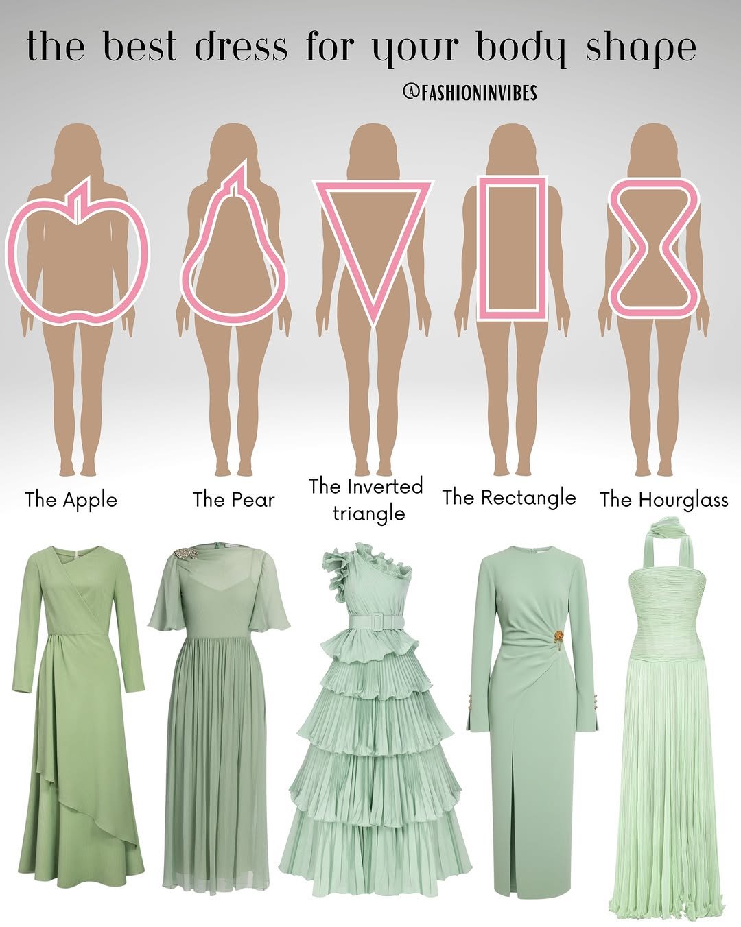 Photo by Fashion Selection 🦄💕 on March 10, 2026. May be an image of dress and text that says 'the best dress for your body shape @FASHIONINVIBES The Apple ThePear The Pear The Inverted The Rectangle triangle The Hourglass'.