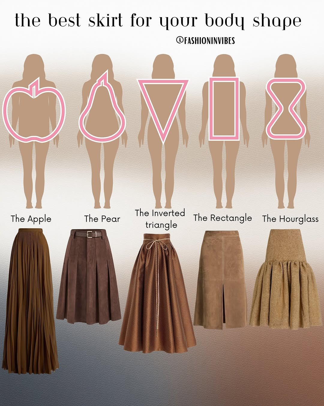 Photo by Fashion Selection 🦄💕 on November 03, 2025. May be an image of miniskirt, turtleneck and text that says 'the best skirt for your body shape @FASHIONINVIBES ਮਰਆস 8 The Apple Apple The ThePear Pear The Inverted triangle The Rectangle The Hourglass'.