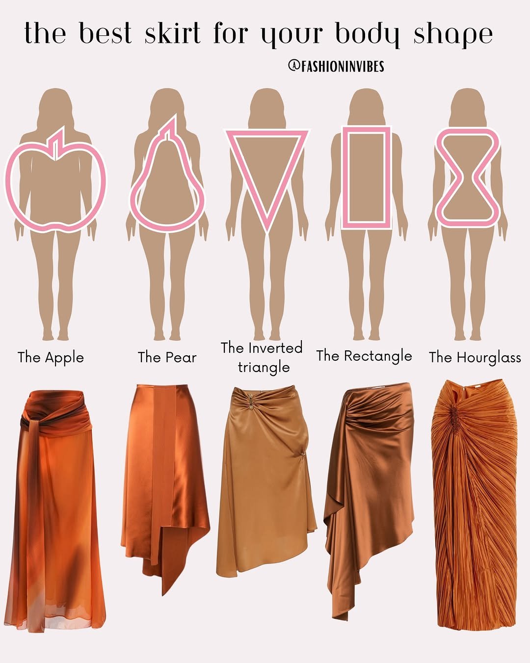 Photo by Fashion Selection 🦄💕 on February 14, 2026. May be an image of girdle, sarong, dress, bra and text that says 'the best skirt lor your body shape @FASHIONINVIBES The Apple ThePear The Pear The Inverted The Rectangle triangle The Hourglass'.