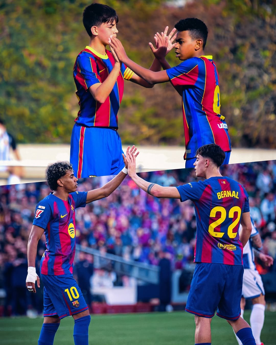 Photo shared by FC Barcelona on February 23, 2026 tagging @marcbernal, and @lamineyamal. May be an image of football, soccer, stadium and text.