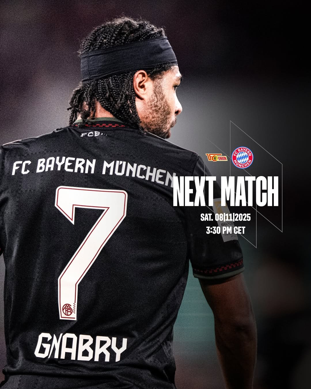 Photo shared by FC Bayern on November 06, 2025 tagging @sergegnabry. May be an image of football, soccer, sports equipment, poster, stadium and text that says 'FCE. BAYERN MUNCHEN HOHCHEPHEЖT NEXT MATC VOWAK MUNCHED SAT. 08|11/2025 3:30 PM CET GNABRY'.