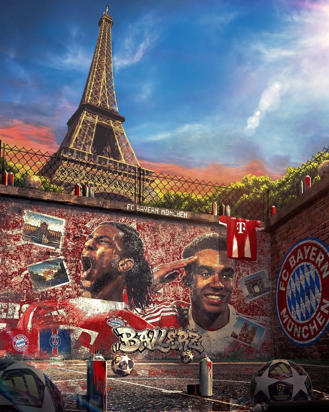 Photo by FC Bayern in Paris, France with @m.olise, @championsleague, and @jamalmusiala10. May be pop art of poster, crowd, tower and text that says 'FCBAYERNMONCHEN FC BAYERN MONCHEN'.
