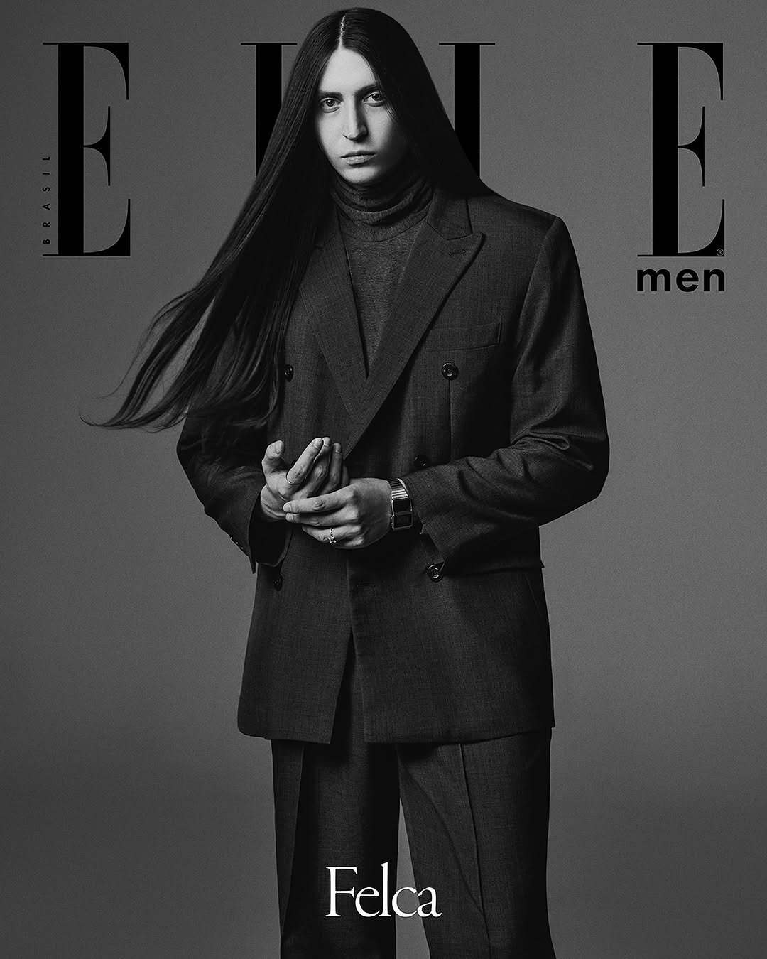 Photo shared by ELLE Brasil on August 28, 2025 tagging @felca0. May be an image of 1 person, hair, makeup, suit, magazine, turtleneck and text that says 'men Felca'.