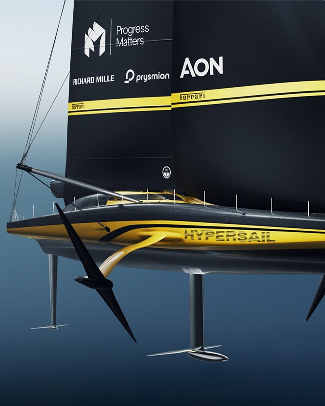 Photo shared by Ferrari on April 22, 2026 tagging @ferrarihypersail. May be an image of boat racing, seaplane, sailboat, sail, yacht, speedboat, propeller, ship and text that says 'Progress Matters RICHARD RICHARDMILLE MILLE prysmian AON FaPPari Ferrari HYPERSAIL JAREIN'.