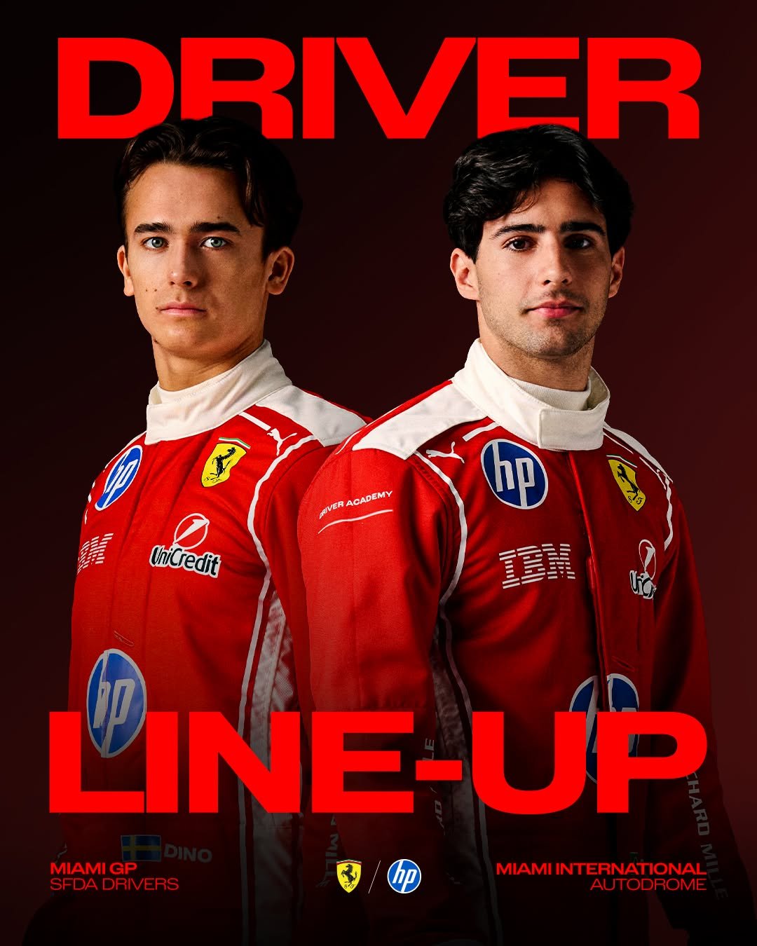 Photo by Scuderia Ferrari Driver Academy on April 28, 2026. May be an image of racing vehicles, poster and text that says 'DRIVER MVRA HA ACADEMY hp thiCredit IN Uиηe 出三 แ้ LINE-UP MIAMIGP GP MIAMI MIAMIINTERNATIONAL SFDADRIVERS SFDAL AUTODROME'.