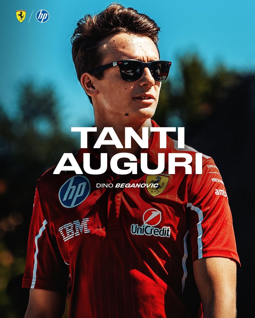 Photo shared by Scuderia Ferrari Driver Academy on January 19, 2026 tagging @dinobeganovic_. May be an image of cricket, poster, glasses, sports equipment and text.