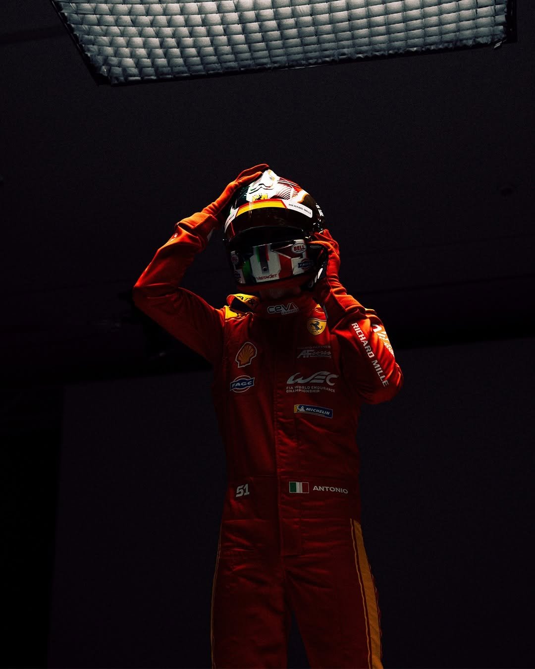 Photo shared by Ferrari Hypercar on February 16, 2026 tagging @antogiovinazzi99. May be an image of racing vehicles, helmet and text.