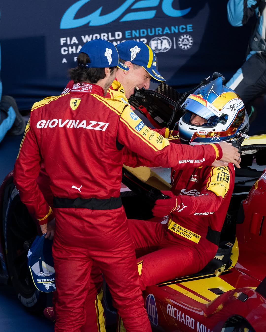 Photo shared by Ferrari Hypercar on November 28, 2025 tagging @antogiovinazzi99, @ale_pierguidi, and @jamescalado. May be an image of racing vehicles, race car, helmet and text.