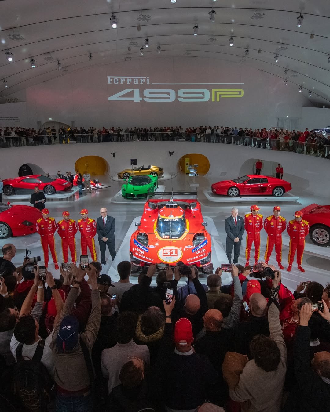 Photo shared by Ferrari Hypercar on February 27, 2026 tagging @miguelmolinam2, @_nicklasnielsen, @antonio_fuoco1, @antogiovinazzi99, @ale_pierguidi, @jamescalado, and @museiferrari. May be an image of racing vehicles, race car, crowd and text.
