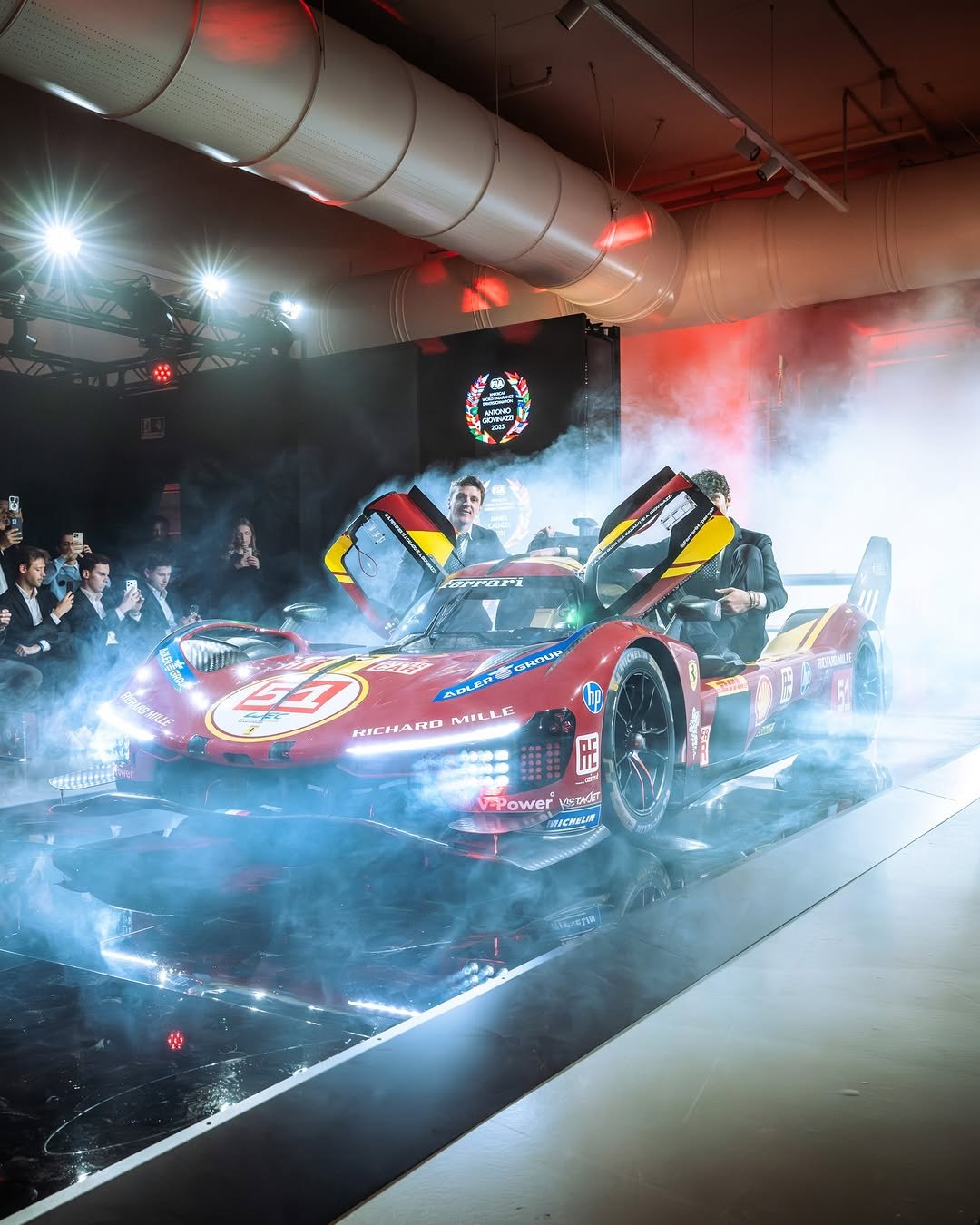 Photo shared by Ferrari Hypercar on November 30, 2025 tagging @antogiovinazzi99, @ale_pierguidi, @afcorse_official, @jamescalado, and @ferrariraces. May be an image of racing vehicles, race car and text.