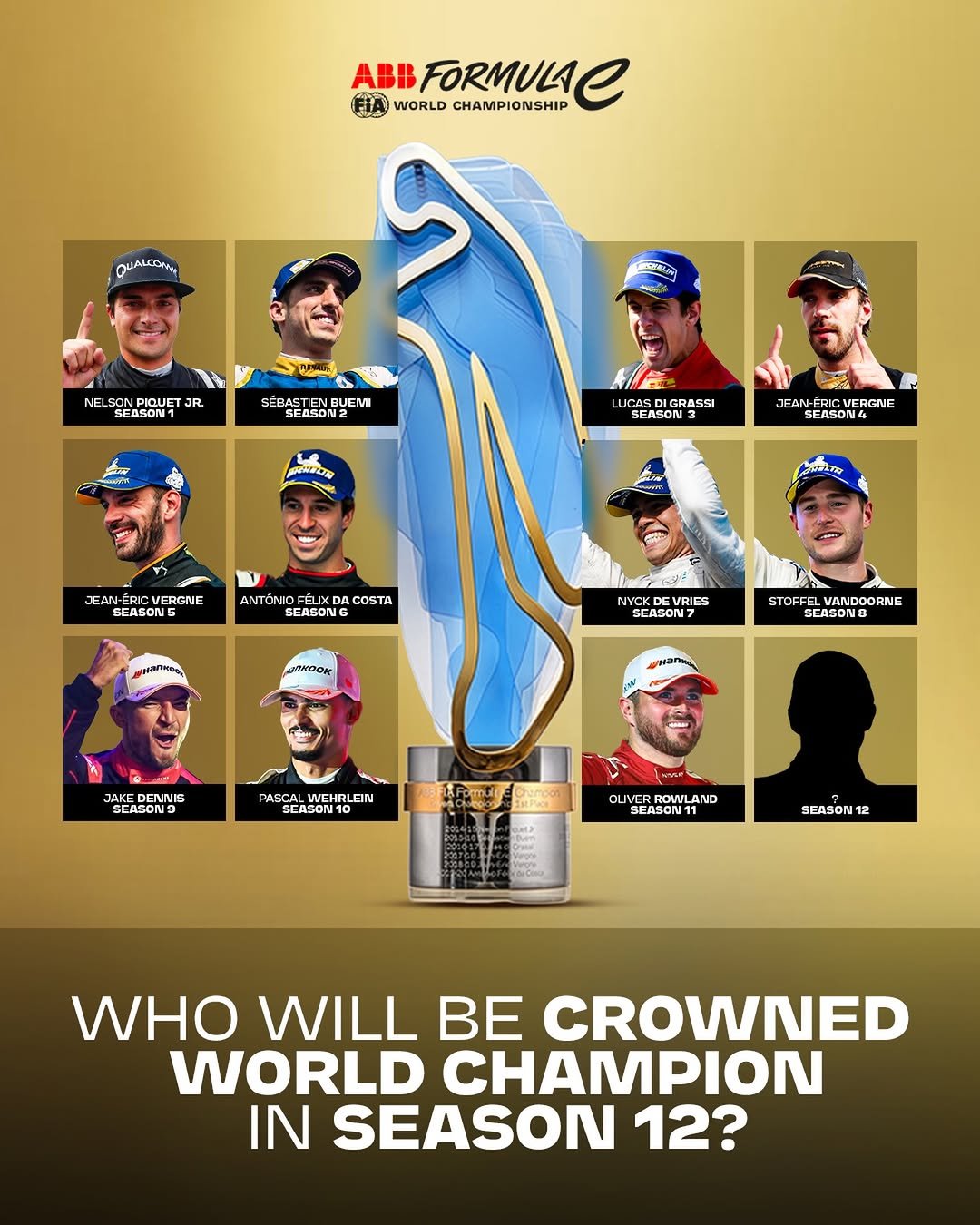 Photo shared by Formula E on December 04, 2025 tagging @piquetjr, @lucasdigrassi, @afelixdacosta, @svandoorne, @jeanericvergne, @nyckdevries, @sebastien_buemi, @jakedennis19, @oliverrowland1, @fia.official, and @pascal_wehrlein. May be an image of poster, scoreboard and text that says 'ABB FORMULA WORLD CHAMPIONSHIP QUALCOH+N NEL SON PIQUE JR EASON1 SÉBASTIE SÉBASTIENBUEMI BUEMI SEASON NWRITH LUICASD ASDIGRASSI SEASON JEAN-ÉRICVERGNE SEASONG JEAN-ÉR VERGNE SEASON ANT ΑΝόμιο DA COSTA SEASON VYCK EVRIE RIES SEASON STOFF VANDOORNE SEASONS JAKE DENNIS SEASONS WEHRLEIN EHRL SEASON 10 hempos ROWL AND SEASON11 SEASON 12 WHO WILL BE CROWNED WORLD CHAMPION IN SEASON 12?'.