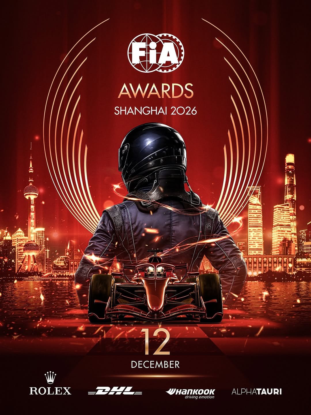 Photo shared by FIA - Official account on March 11, 2026 tagging @fiaformulae, @officialwrc, @fiawec_official, @fia.karting.championship, and @officialw2rc. May be a cartoon of poster, magazine, costume and text that says 'AWARDS SHANGHAI 2026 12 DECEMBER ROLEX PH HanKooK ΠΚΟΚΑΡ driviing emotion ALPHATAURI AL'.