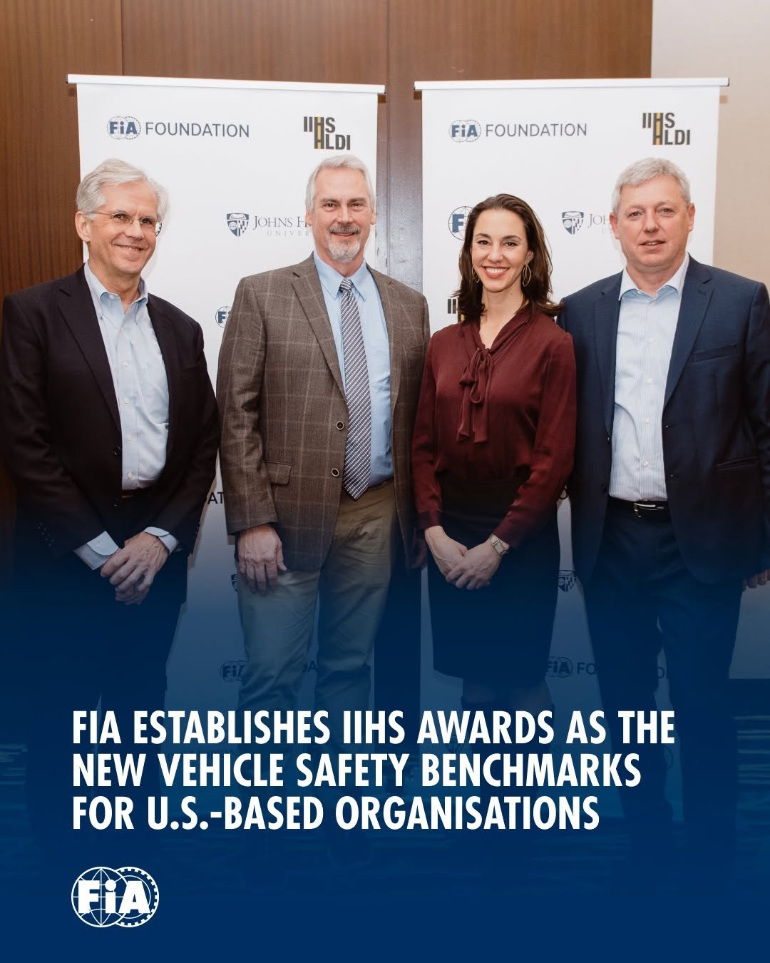 Photo shared by FIA - Official account on January 16, 2026 tagging @fia_fdn. May be an image of standing, magazine and text that says 'FiA FOUNDATION "ผ HLDI IIHS FiA FOUNDATION IIHS "acbl HLDI JOLINSH JOuNS INS FIA ESTABLISHES IIHS AWARDS AS THE NEW VEHICLE SAFETY BENCHMARKS FOR U.S. S.-BASED ORGANISATIONS'.