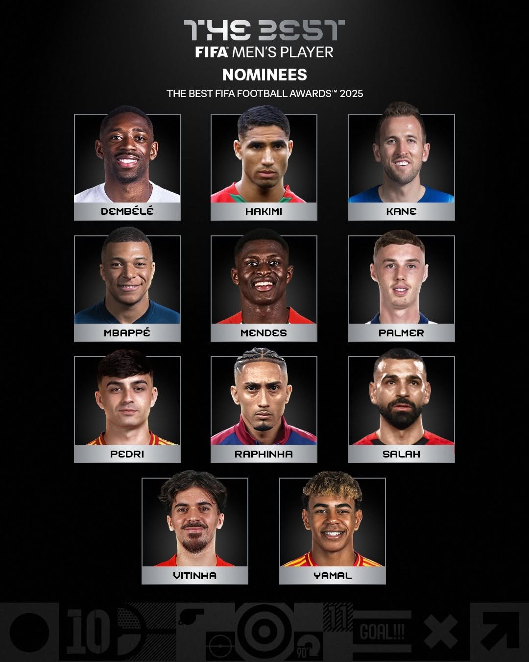 Photo shared by FIFA World Cup on November 06, 2025 tagging @harrykane, @achrafhakimi, @mosalah, @o.dembele7, @colepalmer10, @raphinha, @vitinha, @pedri, @lamineyamal, @k.mbappe, and @fifaclubworldcup. May be an image of football, poster and text that says 'ገዛ 3E5T FIFA MEN'S PLAYER NOMINEES THE BEST FIFA FOOTBALI THEBESTFIFAFOOTBALLAWARDS" AWARDS" 2025 DEMBÉLÉ HAKIMI AN MBAPPÉ MENDES PALMER PEDRI RAPHINHA SALAH VITINHA YAMAL'.