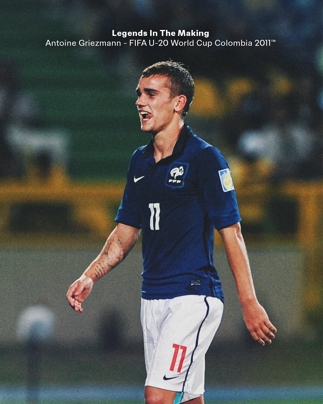 Photo shared by FIFA World Cup on September 23, 2025 tagging @fifaclubworldcup. May be an image of 1 person, playing soccer, playing football and text that says 'Legends In The Making Antoine Griezmann mann- -FIFA -FIFAU-20 U-20 World Cup Colombia 2011M FFR 11'.