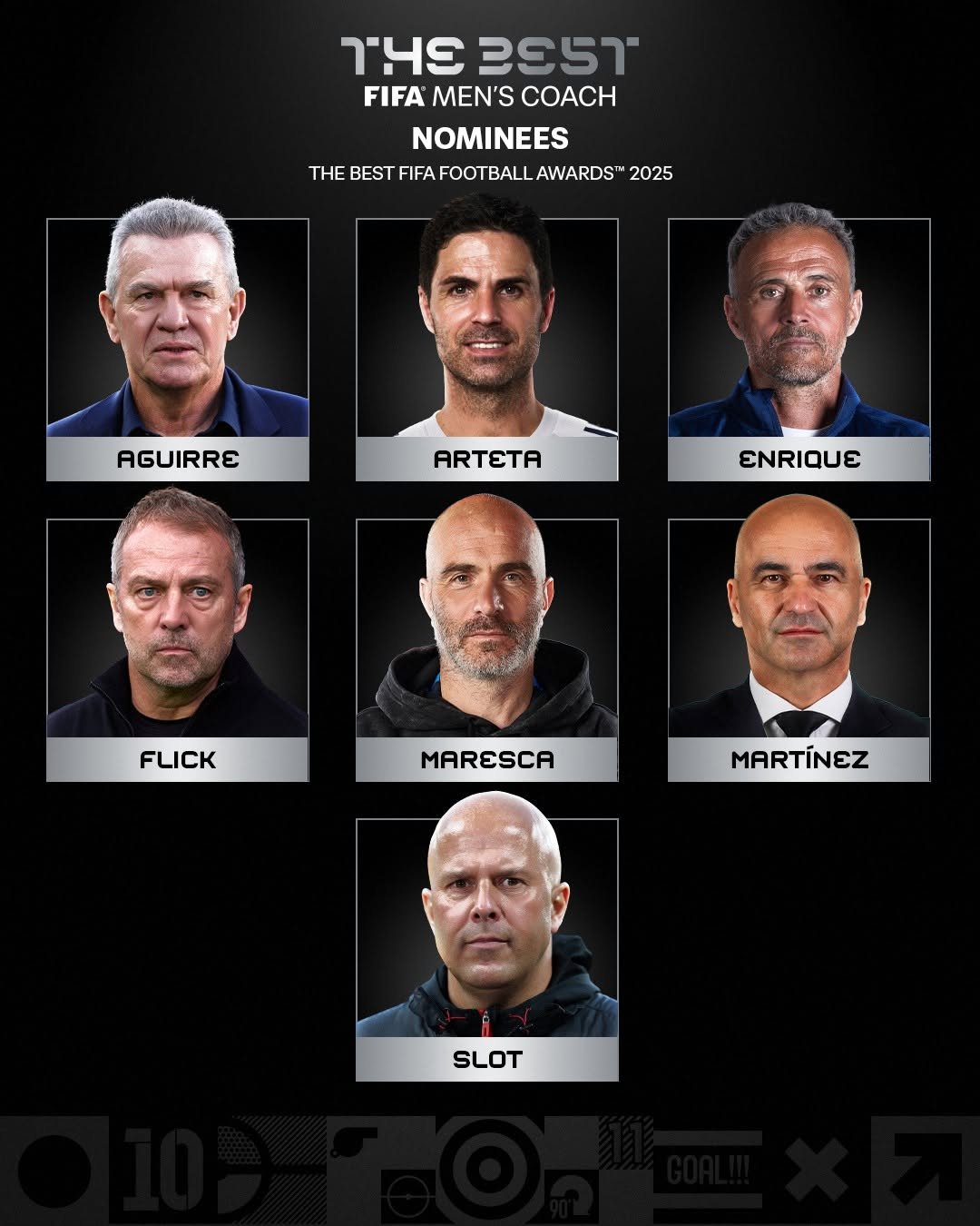 Photo shared by FIFA World Cup on November 06, 2025 tagging @miseleccionmx, @liverpoolfc, @psg, @chelseafc, @fcbarcelona, @arsenal, @portugal, and @fifaclubworldcup. May be an image of poster, magazine, card and text that says 'ገዛ 2E57 FIFA MEN'S COACH NOMINEES THE BEST FIFA FOOTBALL THEBESTFIFAFOOTBALAWARDS"20 AWARDS" 2025 AGUIRRE ARTETA ENRIQUE FLICK MARESCA MARTINEZ SLOT'.