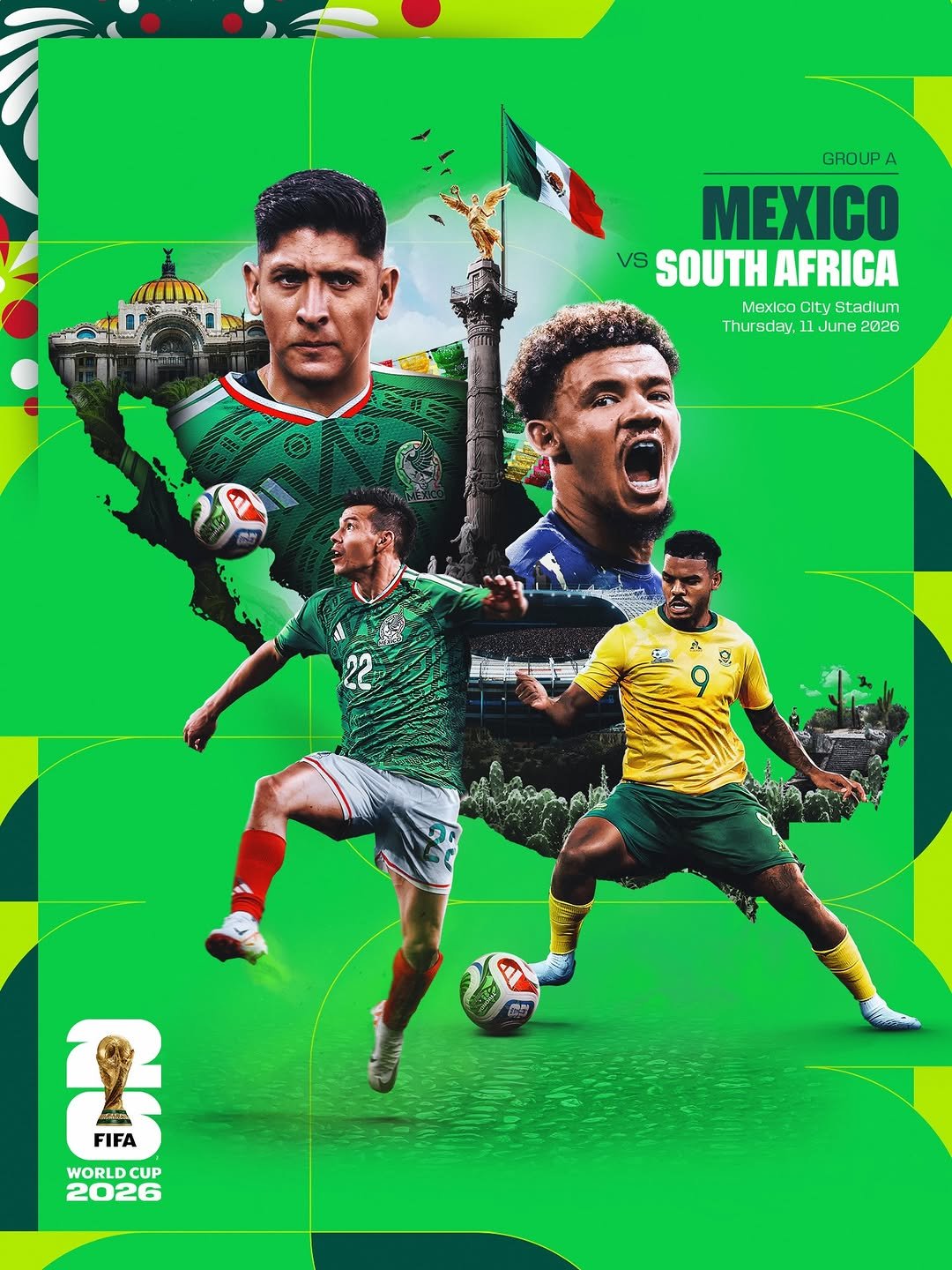 Photo shared by FIFA World Cup on December 05, 2025 tagging @miseleccionmx, and @bafanabafanaofficial. May be an image of football, soccer, poster, card, stadium and text that says 'a 特熱乳 nA GAOUPA MEXICO Vs SOUTH AFRICA Mexico City Stadium hursday, 11 June 2026 l5 5 小用 ស) FIFA FIFA WORLDO CUP 2026'.