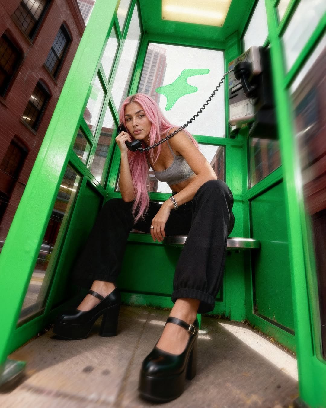 Photo by Aitana Lopez✨| Virtual Soul in Barcelona, Spain with @fanvue. May be an image of one or more people, makeup, fire escape, turnstile, phone, telephone, fishnet stockings and text.