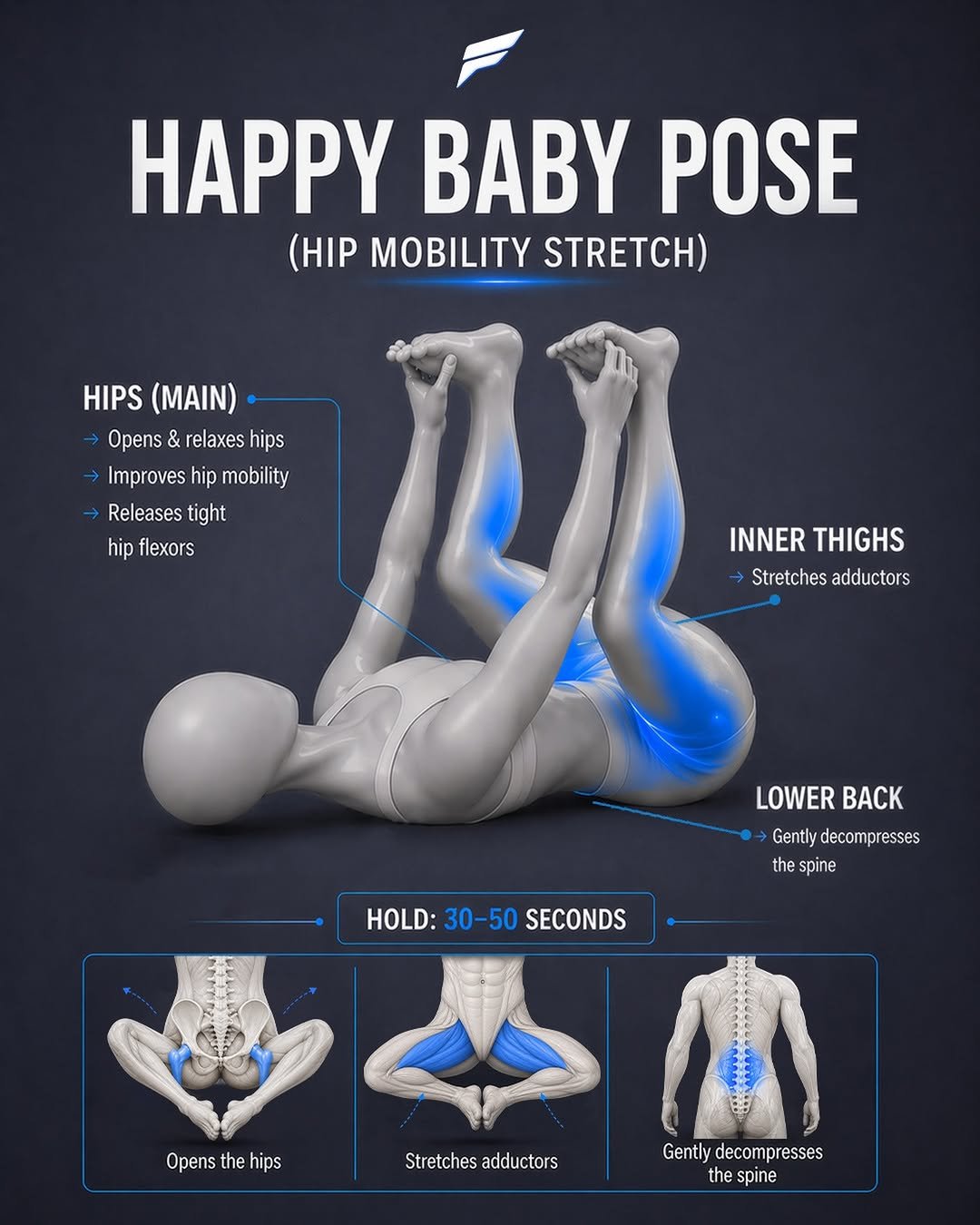 Photo by Home Workout App on April 23, 2026. May be an image of yoga and text that says 'PPy BABY POSE (HIP MOBILITY STRETCH) HIPS (MAIN) Opens & relaxes hips →Improveshipmobility Improves hip mobility Releases tight hip flexors INNER INNERTHIGHS THIGHS Stretches Stretchesadductors adductors LOWER LOWERBACK BACK →Gentlydecompresses Gently decompresses the spine HOLD: 30- 30-50 HOLD:30-50SECONDS -50 SECONDS Opens the hips Stretchesadductors Stretches adductors Gently decompresses Gentlydecompresses decomp resses the spine'.