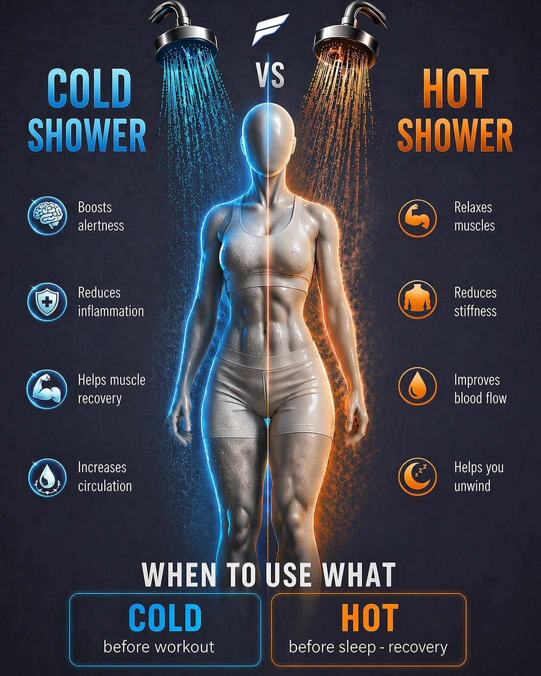 Photo by Home Workout App on April 24, 2026. May be an image of ‎shower, body of water and ‎text that says '‎VS COLD SHOWER ا3رري AAAO HOT SHOWER Boosts alertness Relaxes muscles Reduces inflammation Reduces stiffness Helpsmuscle Helps muscle recovery Improves Improves blood flow Increases circulation Helps you unwind WHEN TO USE WHAT COLD HOT before beforeworkout workout before sleep recovery‎'‎‎.