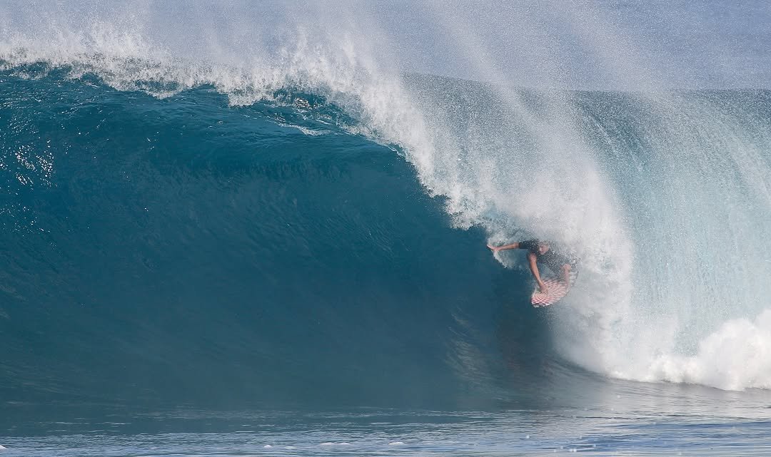 Photo by Pete Hodgson on December 04, 2025. May be an image of surfboard, water, ocean and text.