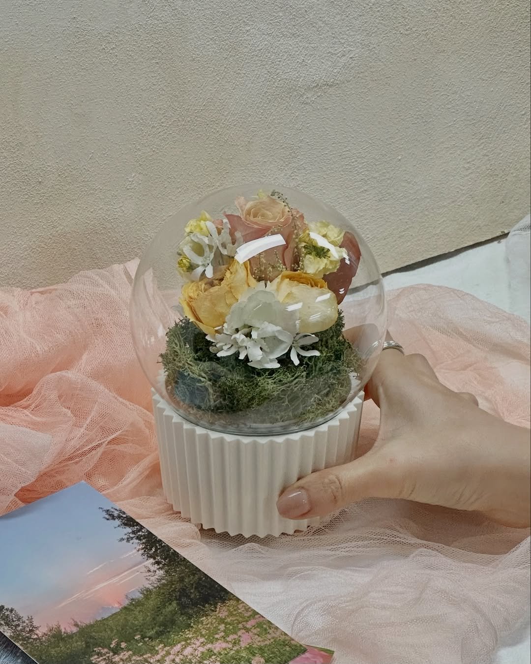 Photo shared by 러블리디어 나혜선 | 리부케 창업 컨설팅 • 플로리스트 교육 on January 13, 2026 tagging @florist_hyeseon, and @ifsa.kr. May be an image of cloche, baby's-breath, globe amaranth, rose and text.