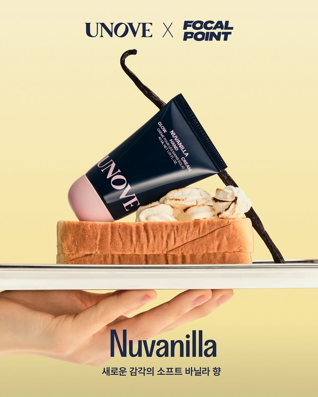 Photo by FOCAL POINT 포컬포인트 in Focalpoint with @unove.kr, and @focal.point.official. May be an image of hair product, cosmetics, poster, hand cream, perfume, wafer and text that says 'UNOVE UNOVEXOGAT X FOCAL POINT GLOW WNUVANILLA NETLS3R.OZ HAND LCe .우로 的级製T OMAI しGMAR NUVANILLA B BAIASEC ECt CREAM UNOVE eera CUSNA Nuvanilla 새로운 감각의 소프트 바닐라 향'.