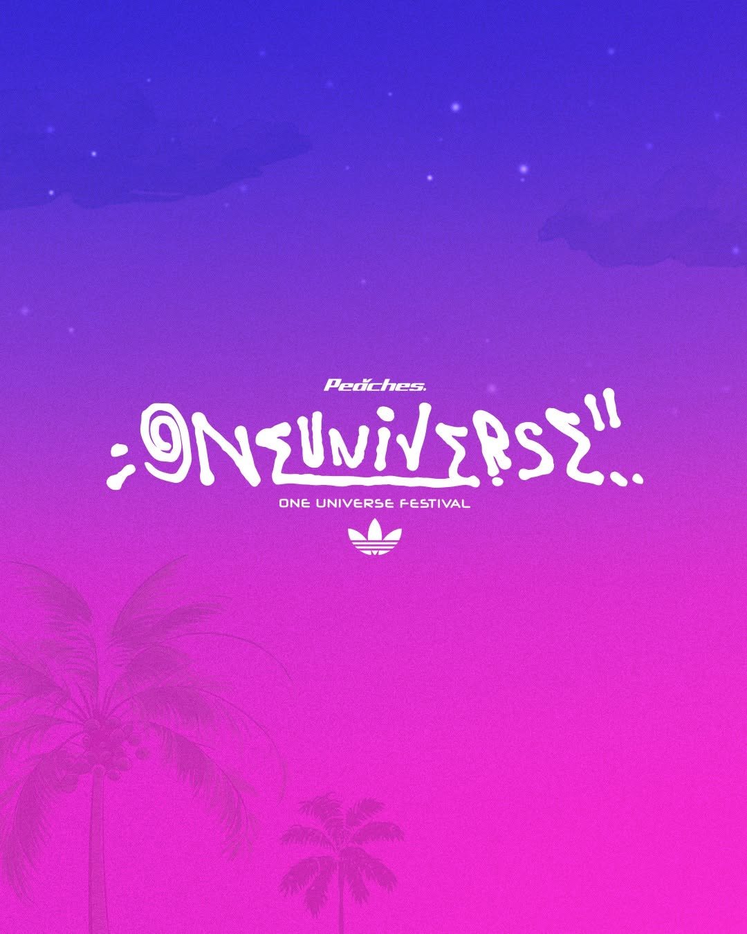 Photo by FOCAL POINT 포컬포인트 in 포컬포인트 with @peachesoneuniverse, @focal.point.official, and @oneuniversefestival. May be an illustration of poster, night, palm trees and text that says 'Peoches. hes. :ฺ". ONEUNIVERSEFESTIVAL ONE UNIVERSE FESTIVAL'.