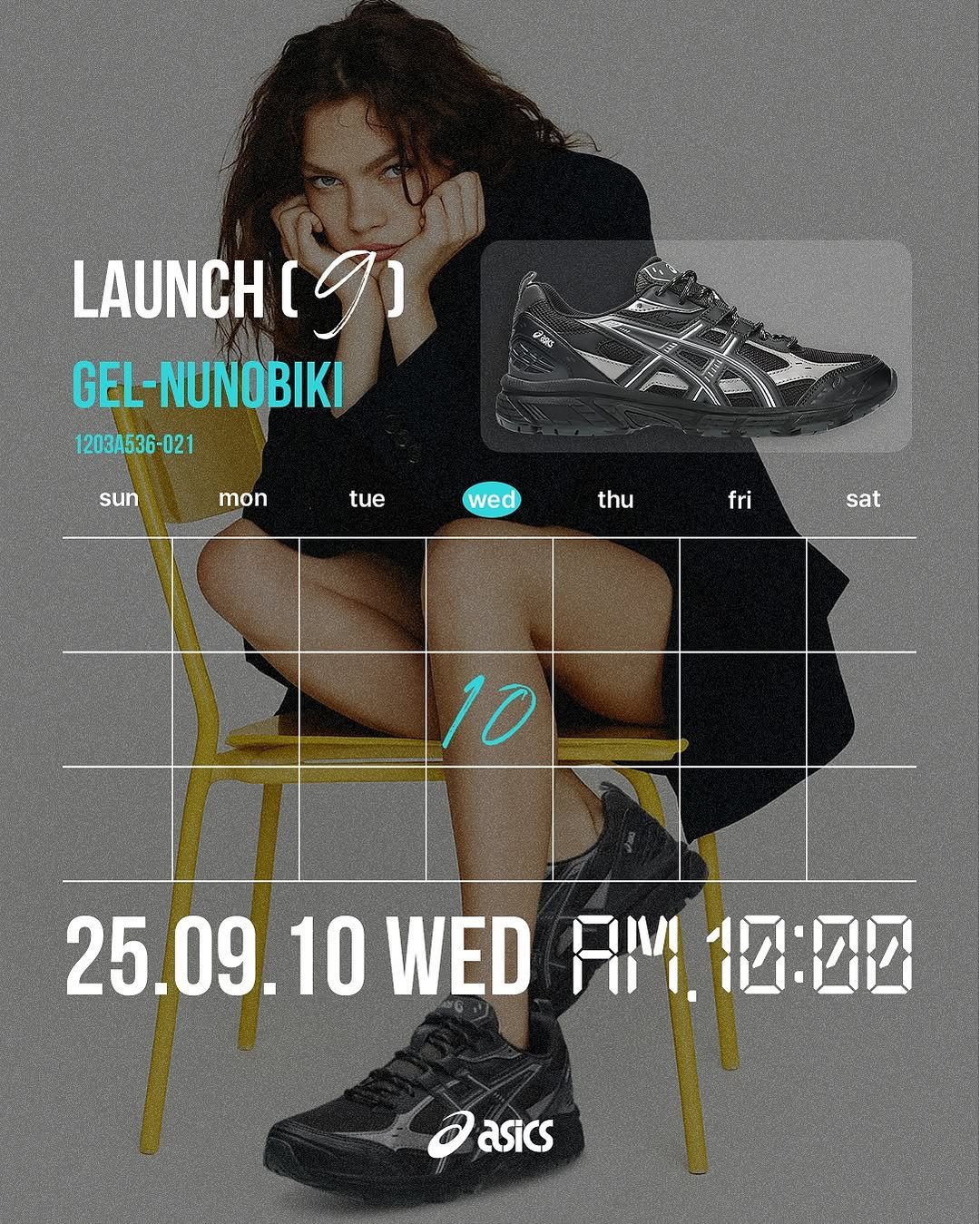 Photo by 폴더 Folder Korea on September 08, 2025. May be an image of 1 person, sneakers, magazine, poster and text that says 'LAUNCH LAUNCH(9) (9) GEL-NUNOBIKI 1203A536-021 021 sun mon tue wed thu fri sat 10 25.09.10 10 WED RM M.10:00 Dasics asics'.
