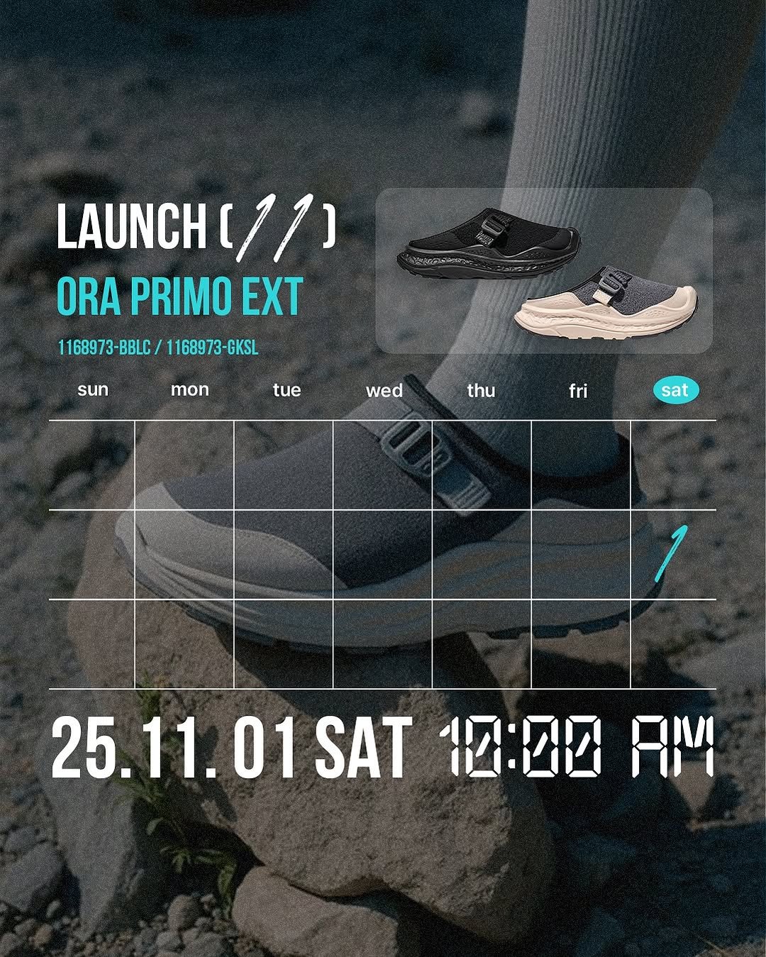 Photo by 폴더 Folder Korea on October 29, 2025. May be an image of toecap shoes, sports equipment, poster and text that says 'LAUNCH UNCH(11) (11) ORA PRIMO EXT 1168973-BBLC/1168973-GKSL 1168973-GKSL 1168973- 1168973 BBLC sun mon tue wed thu fri sat 25.11.01SAT 25.11.01SAT10:00A 25.11. 01 SAT 10:00 RM'.