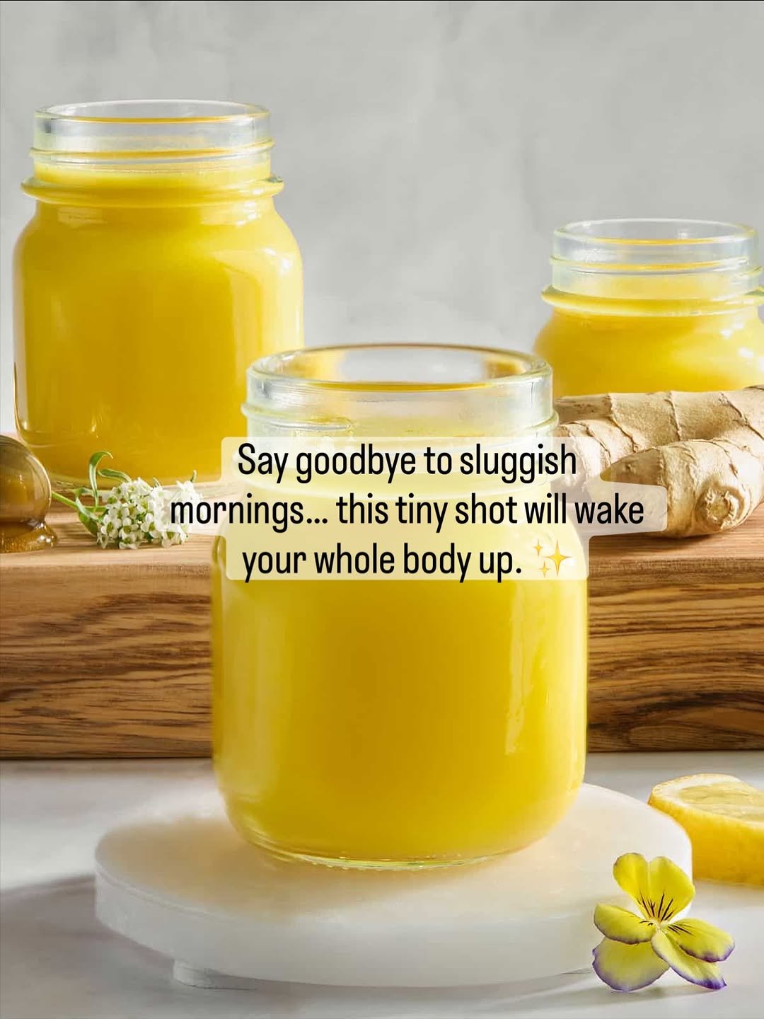 Photo by Alia & Radwa Elkaffas on November 18, 2025. May be an image of medicine, butter, juice and text that says 'Say goodbye to sluggish mornings... this tiny shot will wake your whole body up.'.