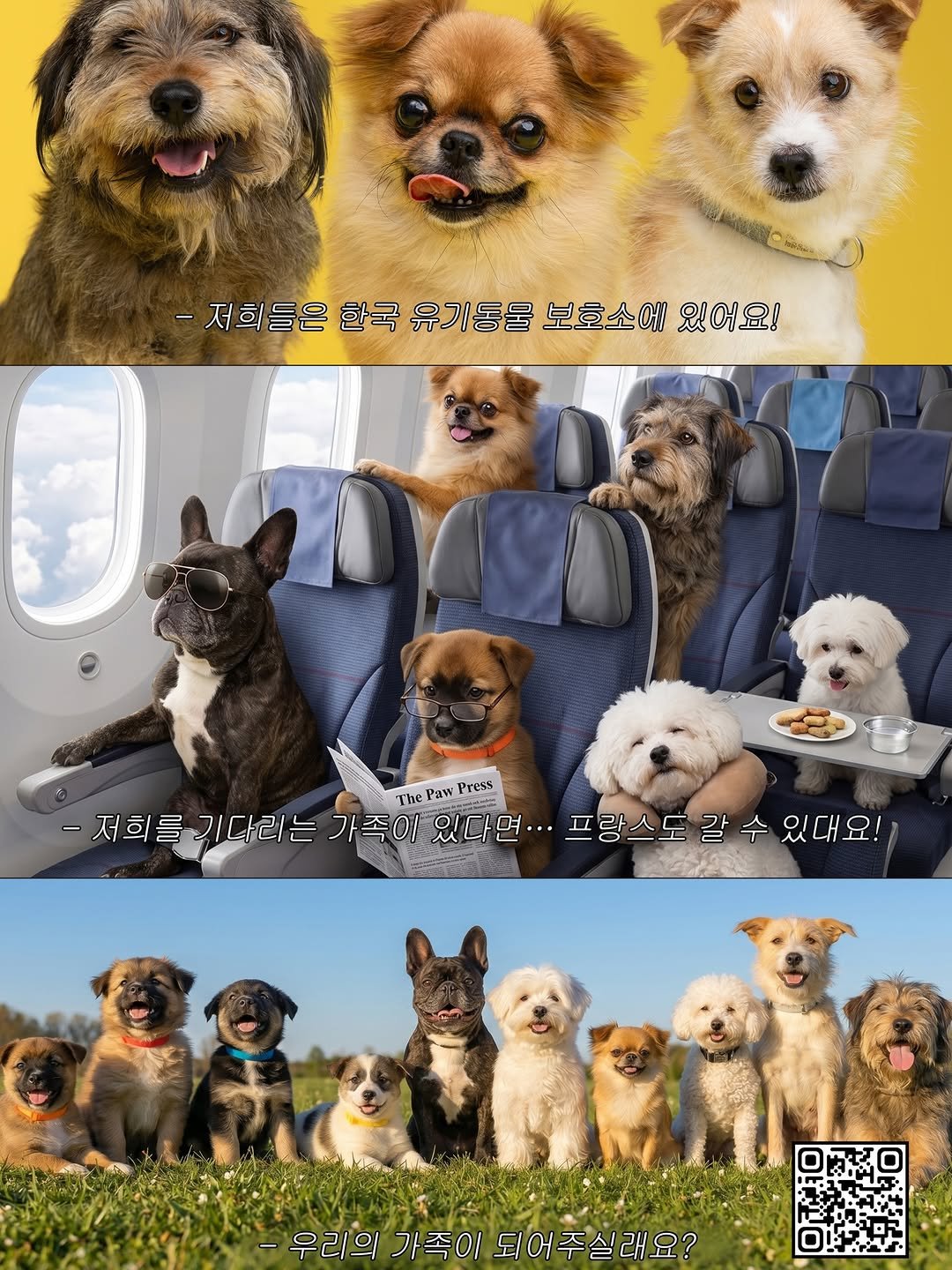 Photo by 포캣멍센터 on April 20, 2026. May be an image of chihuahua, Norwich terrier and text that says '-저희들은한국유기동물보효소에있어요 -저희들은 한국 유기동울 보호소에 있어요! The Paw Press -저희를 기다리는 저희를기다리는 -저희를기다리는가족이있다... 가족이 있다면.. 프랑스도 리는가족이있다...프스도갈수있때다요! 갈 수 있대요! -우리의 가족이 되어주실래요?'.