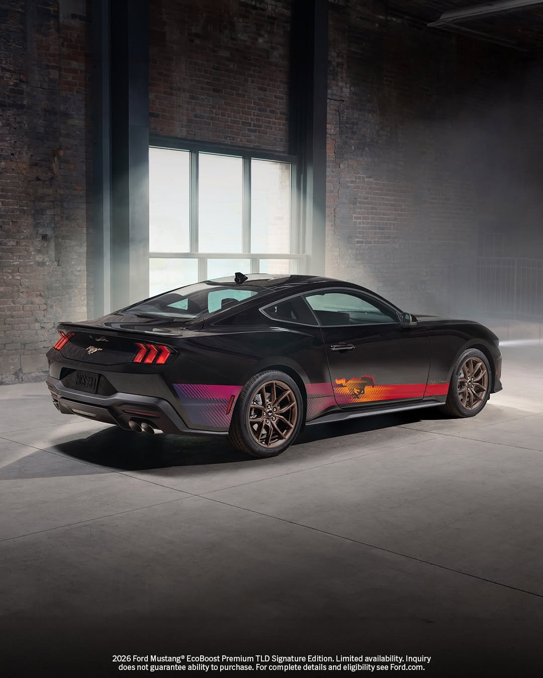 Photo by Ford Mustang on March 26, 2026. May be an image of wheel, race car, blower and text that says '2026 Ford ustang® httme/ut/t EcoB EcoBoost Premium TLD Signature Edition, Limited avai vailabi ilability, Inquiry does guarantee abilityt opurchase. Forcomplete detalls ande bilitys Ford.com.'.