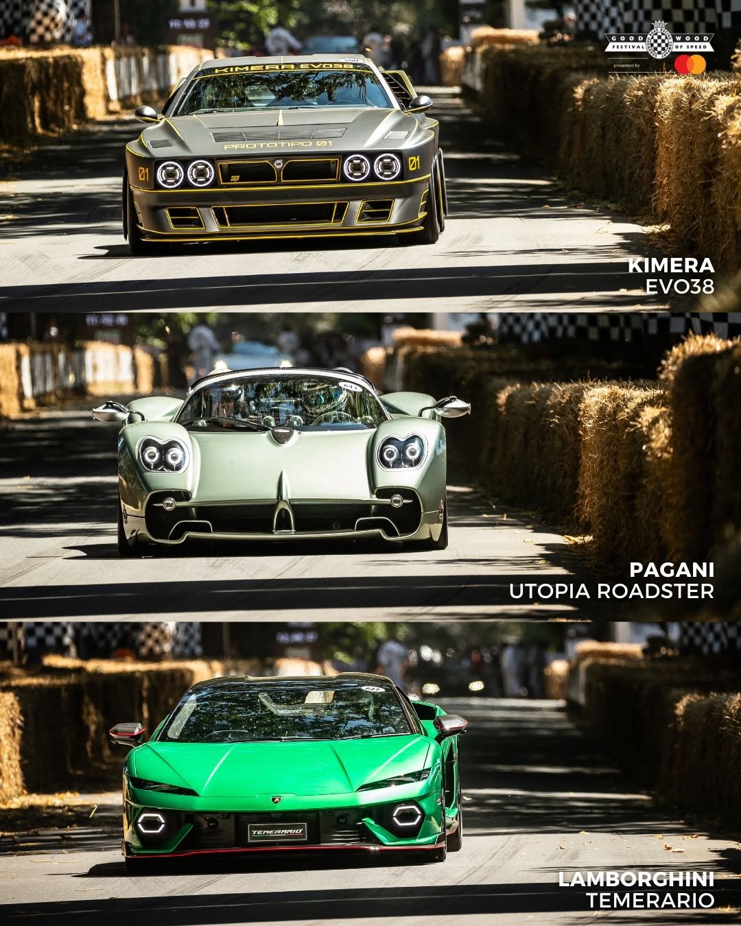 Photo shared by Goodwood Festival of Speed on January 07, 2026 tagging @lamborghini, @paganiautomobili, and @kimera_automobili. May be an image of ‎racing vehicles, wheel, race car, road and ‎text that says '‎PESFIMAL SPIED PRD NOTETIPO سل KIMERA EVO38 PAGANI UTOPIA UTOPIAROADSTER ROADSTER REMEONAE LAMBORGHINI TEMERARIO‎'‎‎.