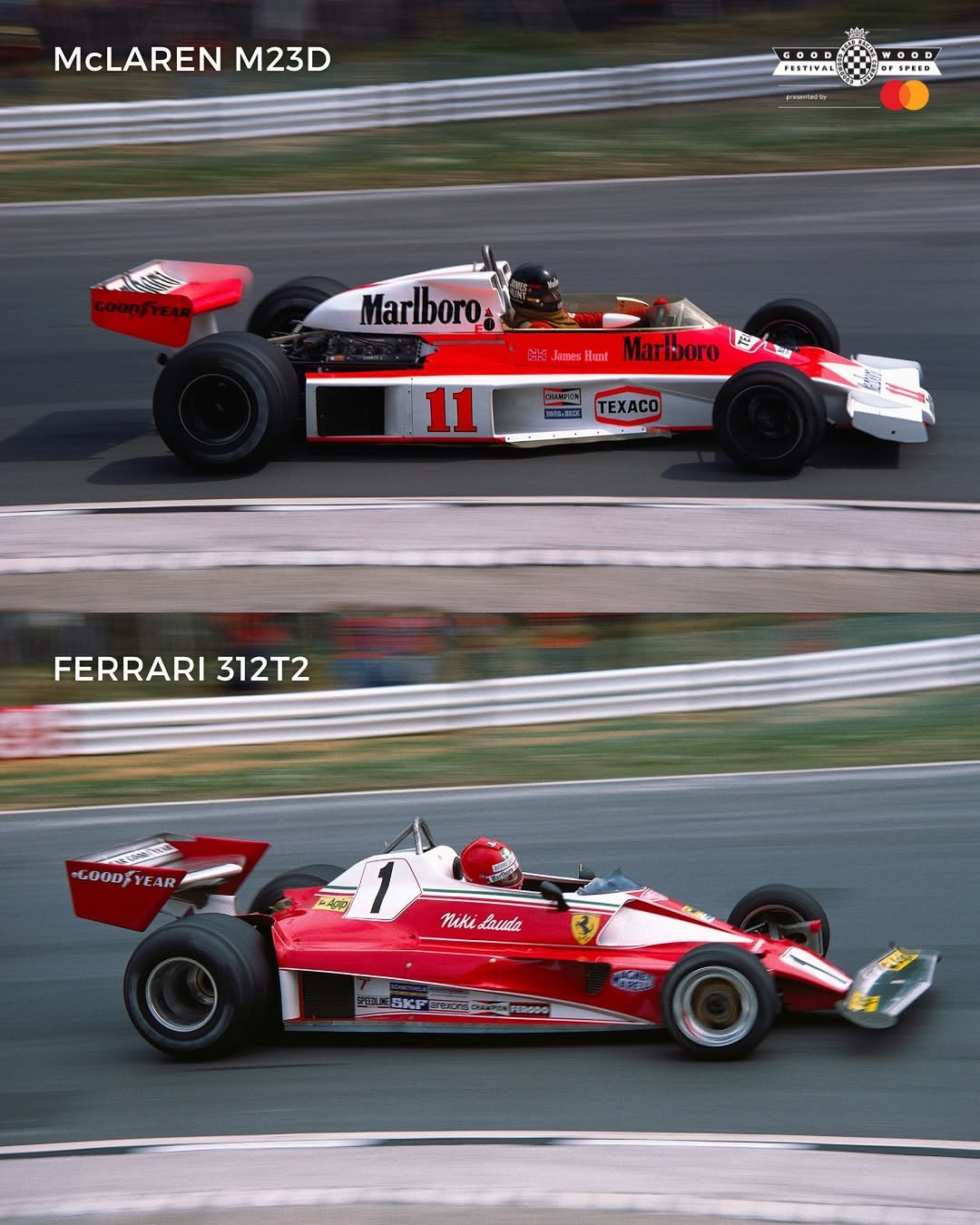 Photo shared by Goodwood Festival of Speed on February 22, 2026 tagging @jameshuntfoundation, and @nikilauda. May be an image of racing vehicles, race car and text that says 'McLARENM23D McLAREN M23D GOOD FESTIVAL 00D OD OF SPEED SGN Marlboro LneMarlboro JanesHml Marbboro 11 TEXACO FERRARI 312T2 GOOD GOODYYEAR EAR AR -Agp 1 Nikidauda tnuda Niki'.