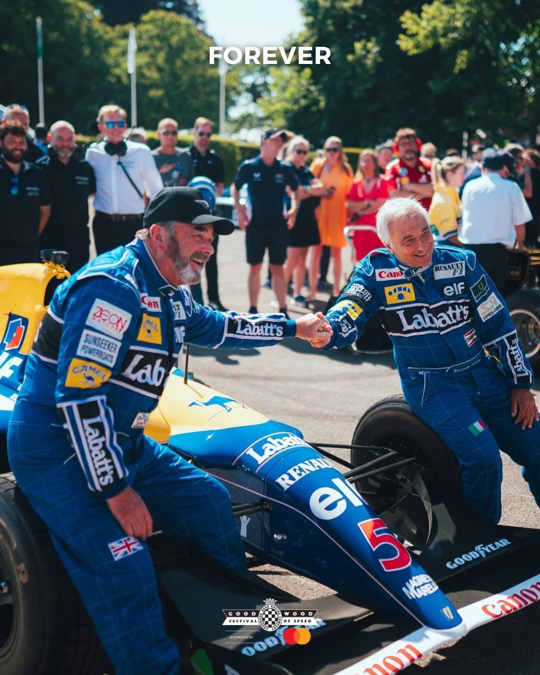 Photo shared by Goodwood Festival of Speed on February 21, 2026 tagging @williamsf1official, @nigelmansell, and @riccardopatreseofficial. May be an image of racing vehicles, race car and text.