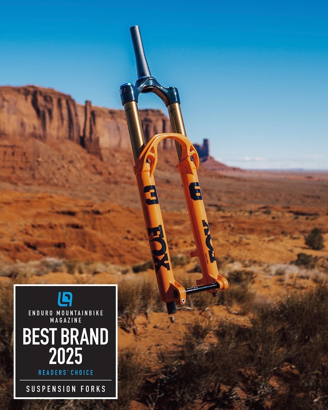 Photo shared by Ride FOX Bike on November 12, 2025 tagging @fox, and @enduromag. May be an image of shovel, tripod, outdoors and text that says 'c FOX ረ ENDURO MOUNTAINBIKE MAGAZINE AZ BEST BRAND 2025 READERS CHOICE CH SUSPENSION FORKS'.