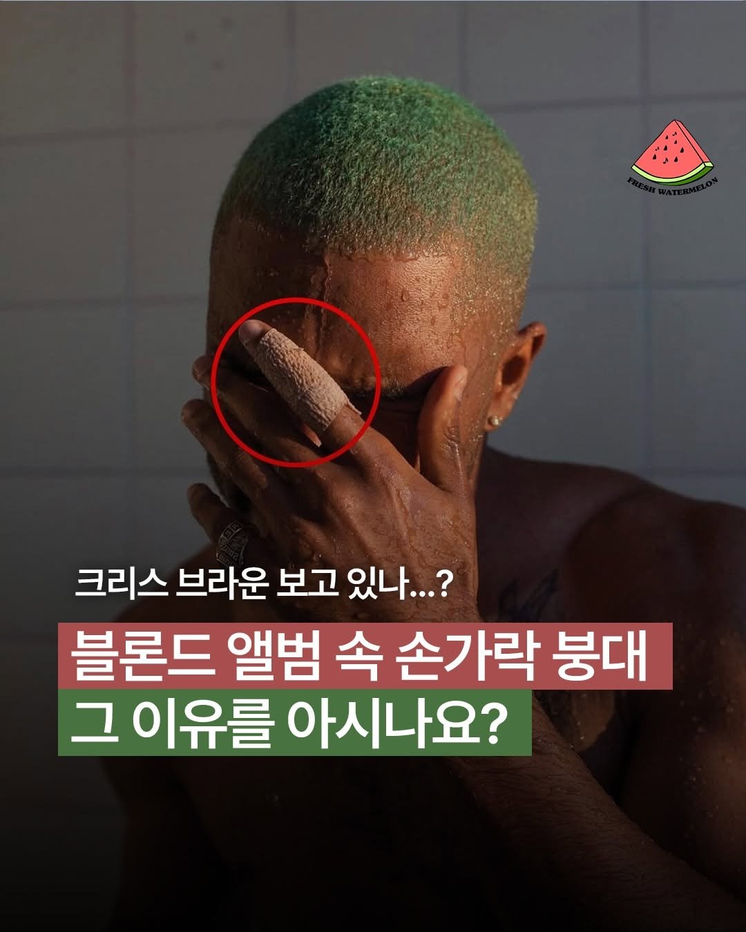 Photo shared by 프레쉬워터멜론 on February 18, 2026 tagging @chrisbrownofficial. May be an image of text that says '크리스 브라운 보고 있나...? 블론드 앨범 속 손가락 붕대 그 이유를 아시나요?'.